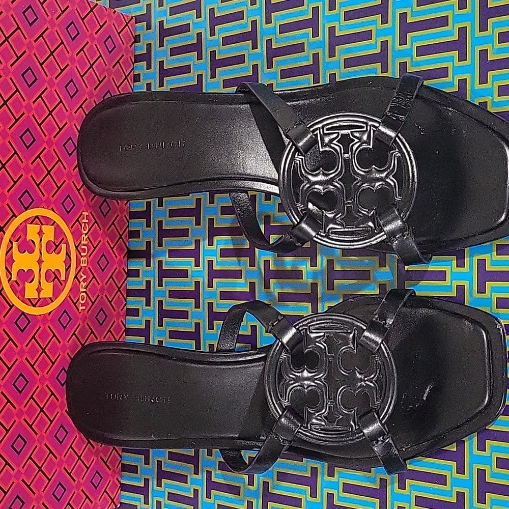Tory Burch Geo Bombe Miller Leather Black Gold Heeled Sandals- Size 8.5 - Picture 3 of 15